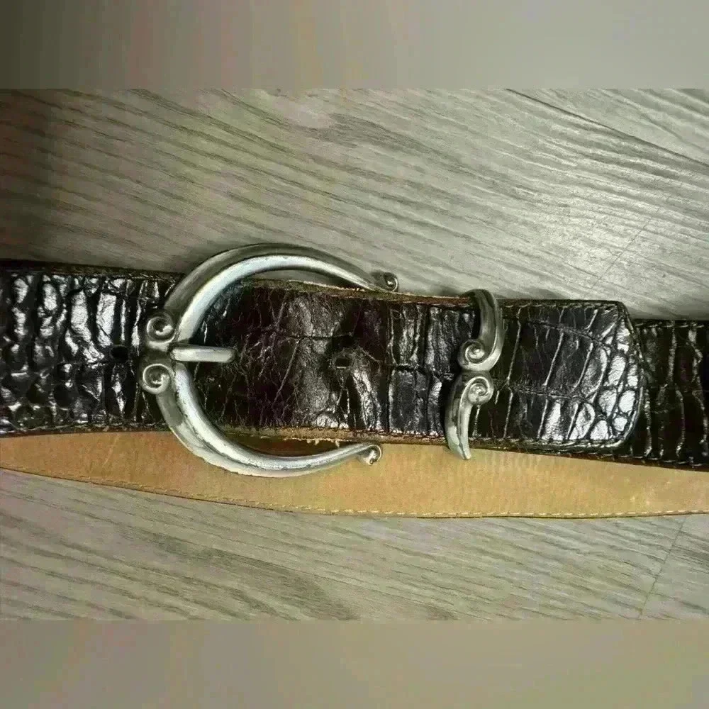 Vintage Brighton Leather Belt Medium Brown Mock‎ Croc Silvertone USA Size L